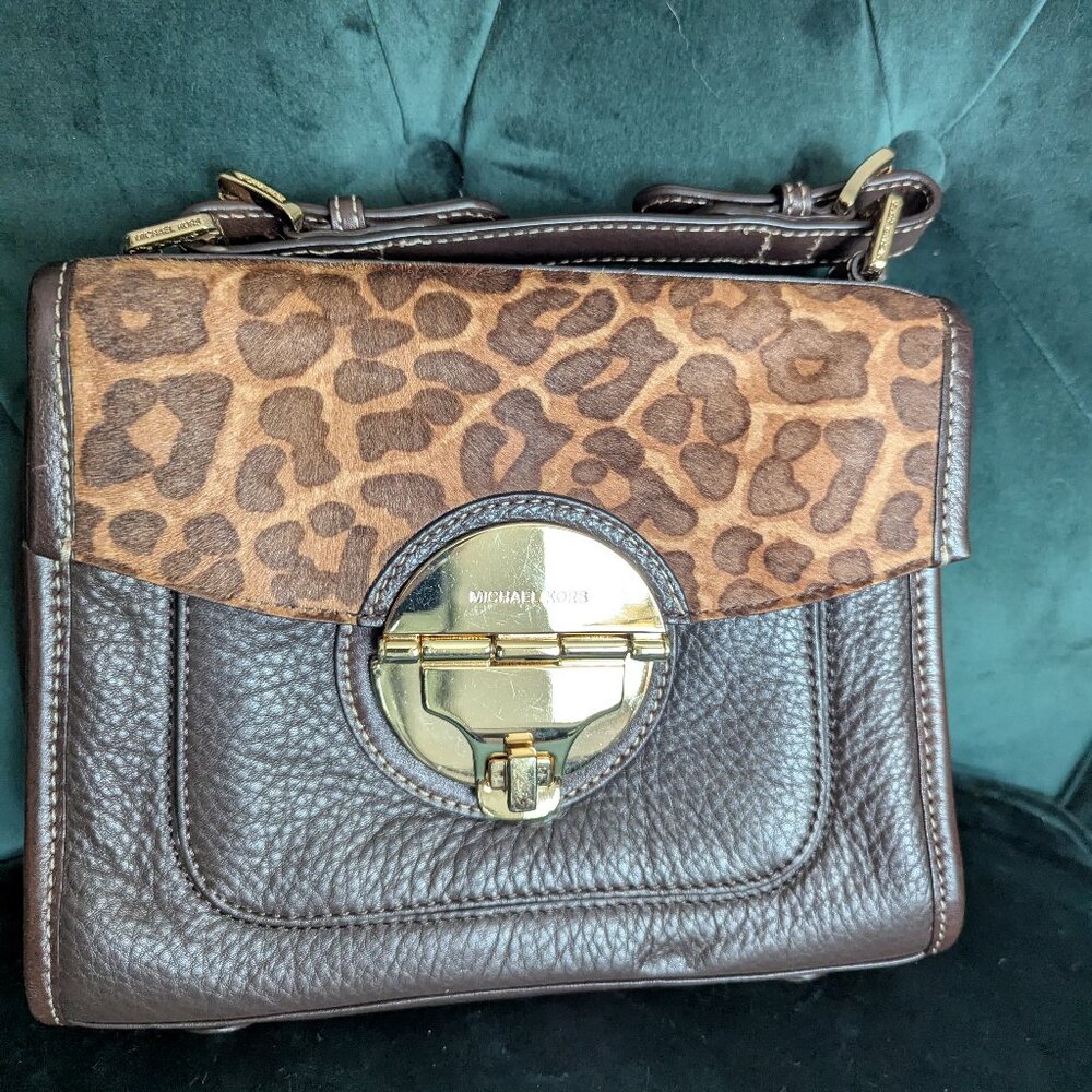 Michael Kors Brown Leather and Calfhair Margo Top Handle Satchel Bag
